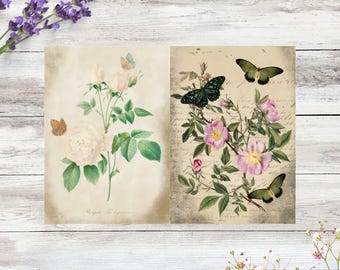 Vintage Floral Butterfly Junk Journal Pages, Printable Botanical Ephemera (Digital Download)