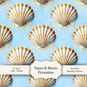 Watercolour Seashell Seamless Pattern, Digital Paper with Blue Background, Beach Coastal Clipart for Scrapbooking, Wallpaper & Fabric Design