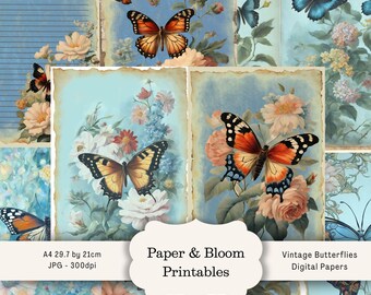 Vintage Butterfly Junk Journal Pages with Floral Backgrounds, (Digital Download, A4 size JPEGs)