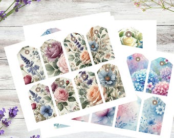 Printable Floral Gift Tags: Vintage Roses and Watercolor Designs (Digital Download)