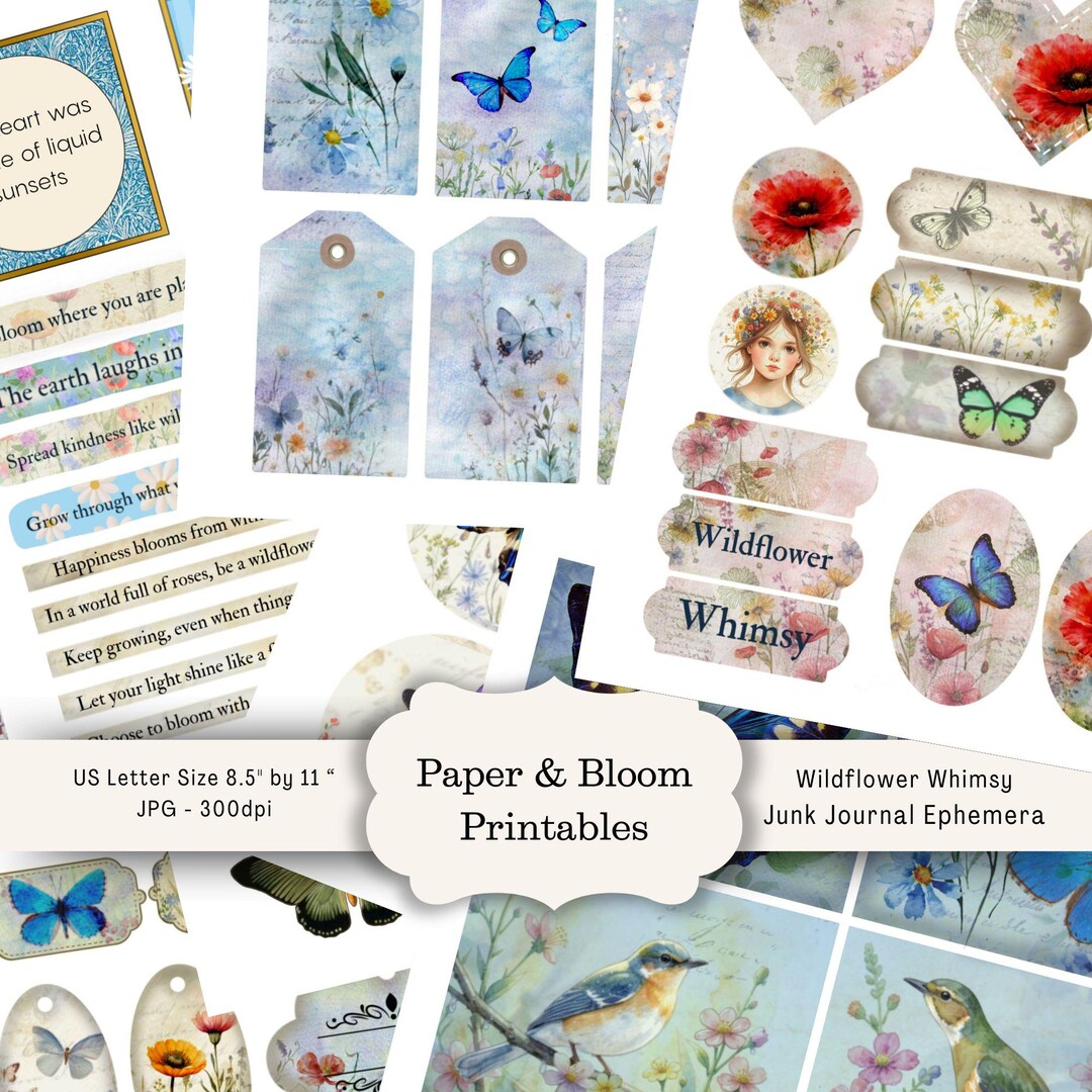 Whimsy Labels Wildflower Whimsy Junk Journal and Scrapbooking Ephemera Printable Kit ...