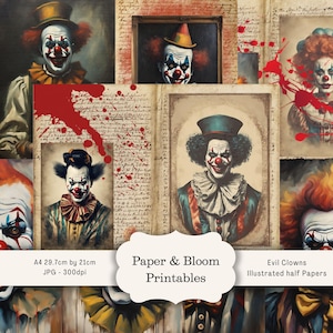 Creepy Clown Junk Journal Pages: Vintage Horror Circus (Digital Download A4 JPEG Kit)