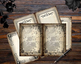 Puede incluir: Juego de papelería de estilo vintage con papel envejecido con patrones florales de rosas y bordes negros decorativos. Incluye páginas rayadas y en blanco, con un bolígrafo sobre una superficie de madera. El conjunto evoca una estética gótica o victoriana.