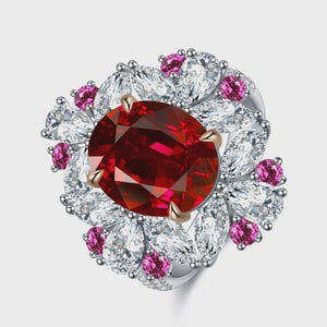 Lab Grown Diamond and Ruby Ring: 5.12ct Sterling Silver, VT LUXURIOUS