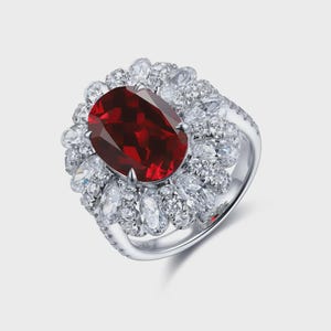Lab Grown Diamond and Ruby Halo Ring: 6.15ct Oval, Sterling Silver Cocktail Jewelry