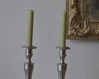 Vintage Pair of Silver Plated Candlesticks, 1980s Mid-Century Taper Holders, Elegant Table Centerpiece Decor