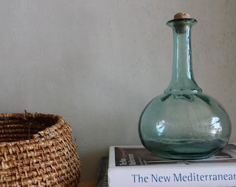 Hand-Blown Green Glass Bubble Bottle: Rustic Mediterranean Carafe