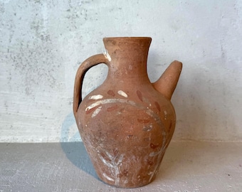 Vintage Hand-Painted Terracotta Jug: Greek Floral Folk Vase