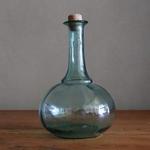 Vintage Green Blown Glass Bottle with cork top| Hand-Blown Round Carafe with Cork | Rustic Mediterranean Wine Jug | Wabi-Sabi Demijohn