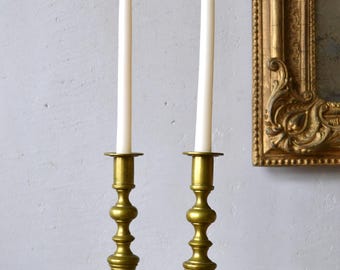 Set of Antique Brass Candlesticks, 1920s Victorian Style Taper Holders, Tall European Decor