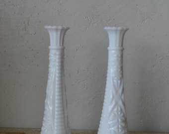 Vintage Pair of White Opaline Candlesticks, 1980s Greek Carved Taper Holders, Elegant Neoclassical Decor
