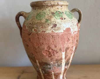 Antique Cretan Jar with Green Glaze | Rustic Mediterranean Pottery Vessel | Wabi Sabi Terracotta Amphora