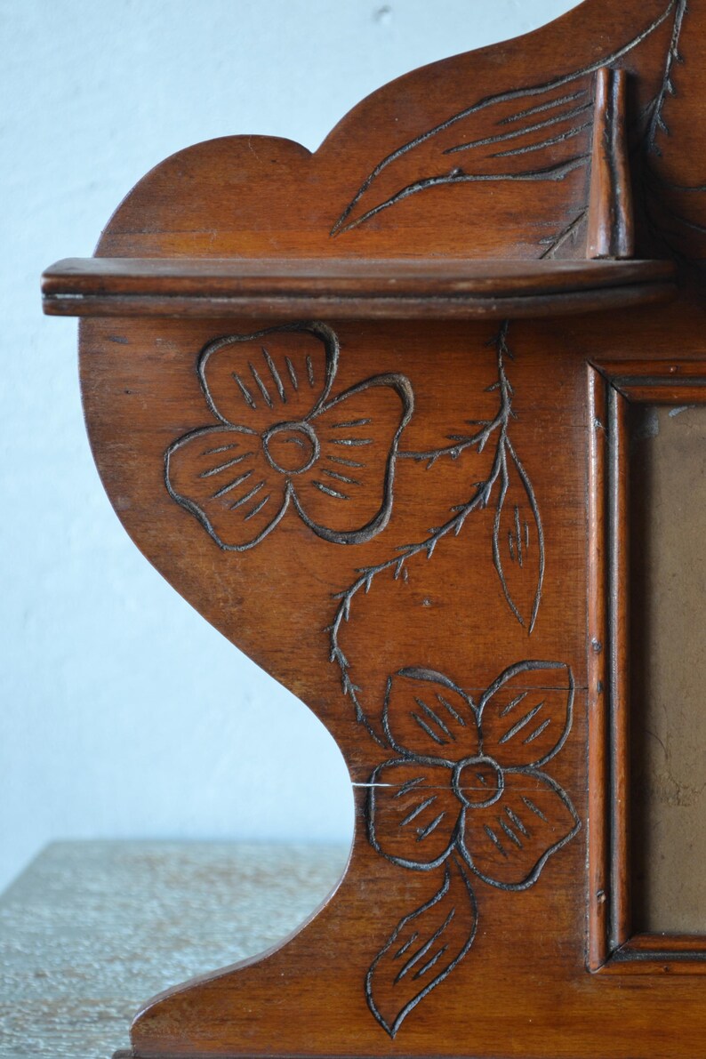 Early 20th Century Cretan Decorative Wooden Frame, Hand-Carved Floral Wall Decor with Integrated Shelf image 6