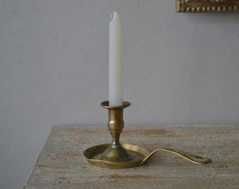 Vintage Chamberstick Brass Candle Holder, 1980s Portable Finger Loop Candlestick, Classic Hearth Decor