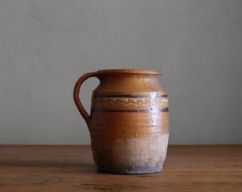 Antique Greek Terracotta Jug, 1950s Ochre Glazed Pitcher, Rustic Mediterranean Pottery, Handcrafted European Stoneware