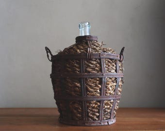 XXL Antique Demijohn Bottle: Rustic Iron & Rope Wine Jug - Farmhouse Decor