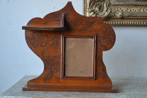 Early 20th Century Cretan Decorative Wooden Frame, Hand-Carved Floral Wall Decor with Integrated Shelf