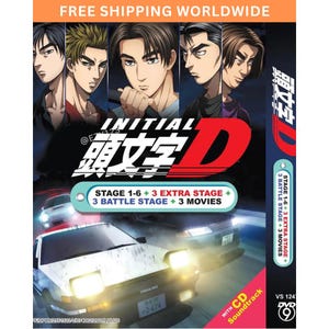 May include: DVD set of the anime series "Initial D" featuring multiple characters and race cars. The cover displays the title in Japanese and English, with text indicating "Stage 1-6 + 3 Extra Stage + 3 Battle Stage + 3 Movies". Includes a CD soundtrack.