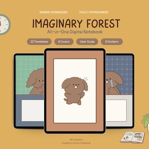 May include: A digital notebook set titled Imaginary Forest All-in-One Digital Notebook with 23 templates, 8 covers, a user guide, and 8 stickers. The display shows three tablet screens featuring brown cartoon dog illustrations on a mustard background.