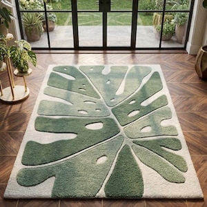 Hand Tufted Wool Rug Monstera Leaf Carpet Green Tropical Area Mat Modern Aesthetic Decor Biophilic Design custom size, 8x10, 9x12, 12x15