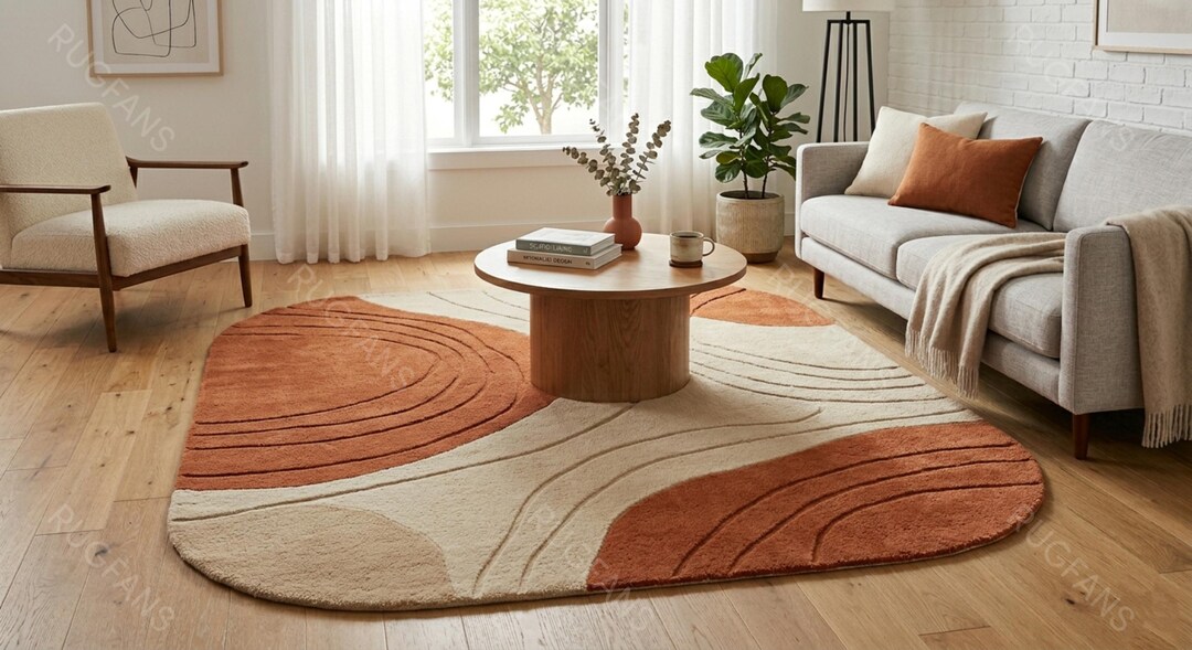 Abstract Wave Hand Tufted Wool Rug Terracotta Topographic Area Carpet ...