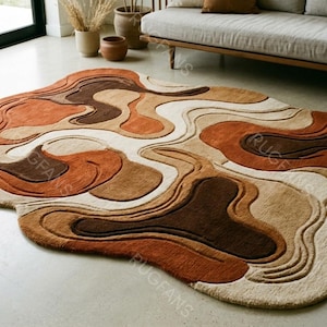 Earth Tone Abstract Wool Rug, Hand Tufted Terracotta Asymmetrical Carpet, Fluid Flowing Pattern Floor Mat, Rust Brown Organic Shape Decor