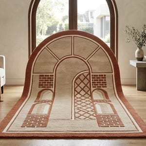 May include: A rectangular area rug featuring a large, arched architectural design in terracotta and beige. The pattern includes brickwork motifs, a lattice grid, and multiple archways, creating a structured, geometric visual across the surface.