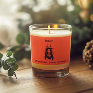 Hecate triple goddess candle – altar candle with quote “hecate, with each flame i summon your wisdom” – devotional candle
