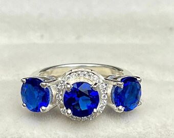 Tanzanite 925 Sterling Silver Gemstone Ring, Triple Stone Halo Engagement Ring, Solid Ring, Unique Promise Ring, Gift For Her & Him