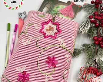 Christmas Gift, Pink Floral Embroidery Fabric, Book Sleeve, Notebook Bag, Book Protector, Bookish Gifts, Book Cover, Book Pouch
