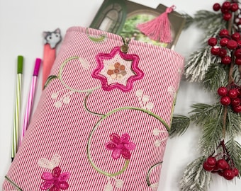 Pink Floral Embroidered Book Sleeve, Handmade Cotton Book Protector