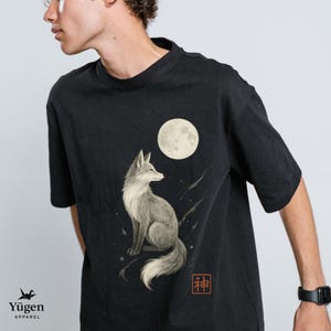 Moonlit Fox — Japanese Kitsune Spirit T-Shirt | Sacred Guardian Under the Full Moon | Sumi-e Ink Art Tee