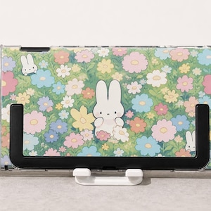 Étui pour Switch avec lapin blanc et fleurs, coloris Pastel Meadow Transparent, style Kawaii Garden, compatible avec Switch OLED Lite et Switch 2.