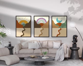 Boho Mountain Sun Moon Art Prints, Terracotta Set of 3 (Digital Download)