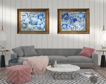 Blue Floral Wall Art Set, Watercolor Flower Prints (Digital Download)