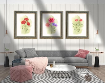 Pink Flower Watercolor Prints, Botanical Wall Art Set (Digital Download)