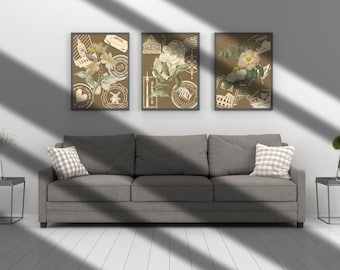 Vintage Floral Prints Set of 3, Beige Botanical Wall Art (Digital Download)