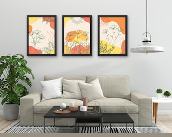 Orange Floral Print Set, Boho Botanical Wall Art (Digital Download)