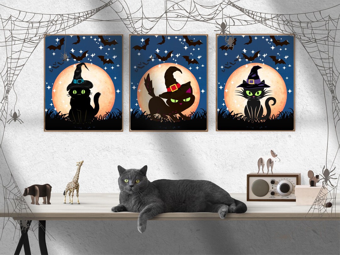 Fall Black Cat Wall Art Set of 3 Printable Halloween Moon Cats Blue ...