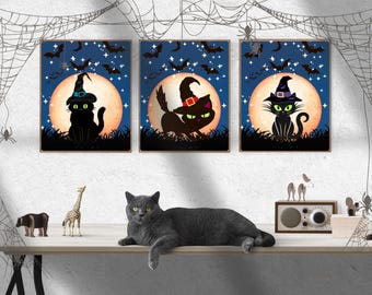 Conjunto de 3 pôsteres digitais com tema de Halloween: Gato Preto e Lua