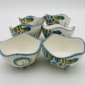 Italian Handpainted Deep Blue Ceramic Bowl Set Onda – Turtle Design – Handmade in Italy – Coastal Gift Set