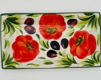 Italian Handpainted Tomato & Olive Garda Line Ceramic Tray Lina – Handmade in Italy – Mediterranean Kitchen Gift