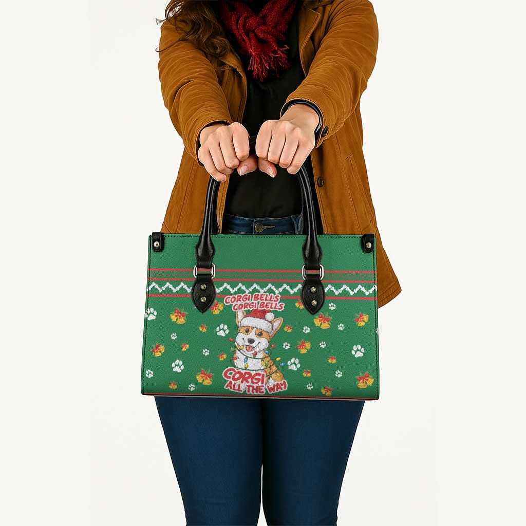 Discover Heavy Leather Handbag Corgi Bells & Lights Purse with Green Snowflake Pattern, Christmas Gift for Dog Lovers And Corgi Fans
