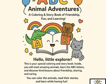Könnte beinhalten: Ein Mal- und Geschichtenbuch für Kinder mit dem Titel "ABC Animal Adventures". Das Cover zeigt ein lächelndes offenes Buch mit einem Regenbogen, einem grünen Alligator, der ein "A" hält, und einem braunen Bären, der ein "B" hält. Rechts sitzt eine graue Katze.