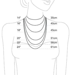May include: A diagram showing necklace lengths on a person's neck. The image displays various necklace lengths, with measurements in inches and centimeters. The shortest necklace is 14 inches (35cm), and the longest is 24 inches (61cm).