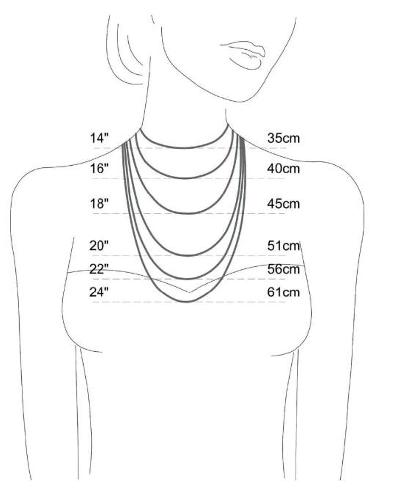 May include: A diagram showing necklace lengths on a person's neck. The image displays various necklace lengths, with measurements in inches and centimeters. The shortest necklace is 14 inches (35cm), and the longest is 24 inches (61cm).