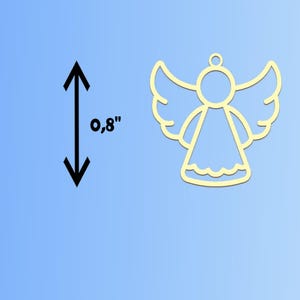May include: A light yellow angel-shaped pendant with a loop at the top for hanging. The angel is 0.8 inches in height. The wings are spread, and the body is in a simple dress shape. The background is a light blue gradient.