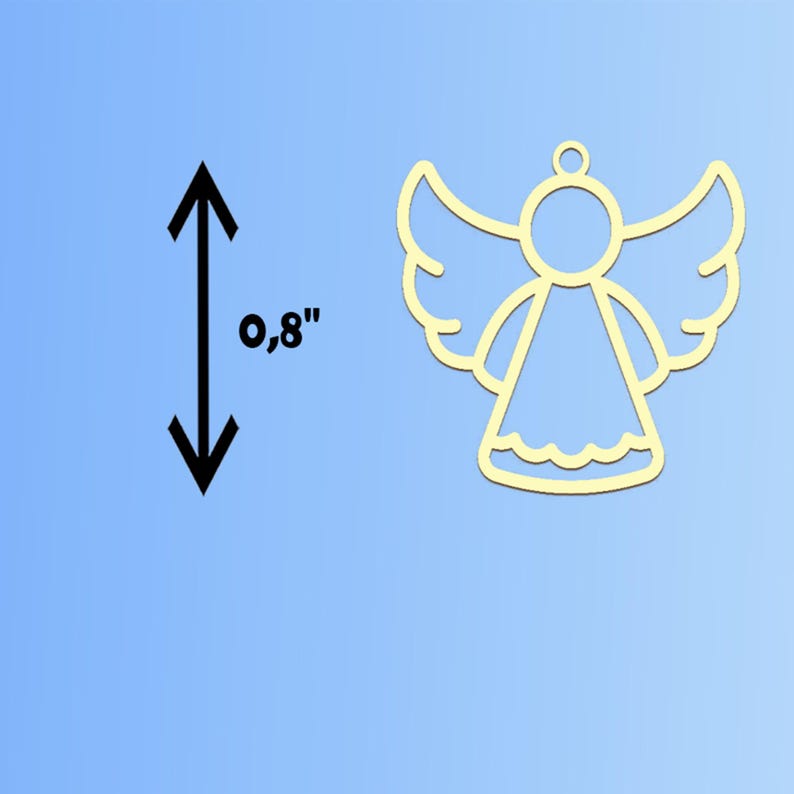 May include: A light yellow angel-shaped pendant with a loop at the top for hanging. The angel is 0.8 inches in height. The wings are spread, and the body is in a simple dress shape. The background is a light blue gradient.