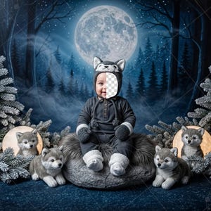 May include: A baby dressed in a wolf costume sits on a furry cushion, surrounded by wolf figurines and miniature Christmas trees. The background features a full moon and a forest scene, creating a whimsical, winter-themed setting.