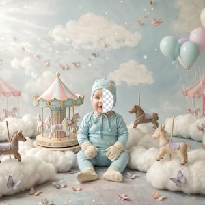 May include: A baby in a light blue outfit and hat sits in a whimsical scene with a carousel, toy horses, clouds, and butterflies. Pastel balloons float in the background, creating a dreamy atmosphere.